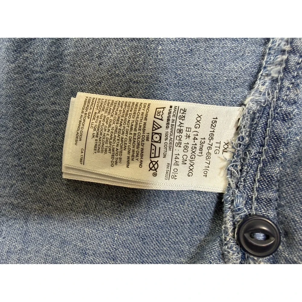 Gap Denim Youth XXL 14-16 Short Sleeve Button Down Shirt Medium Wash Blue Cotton